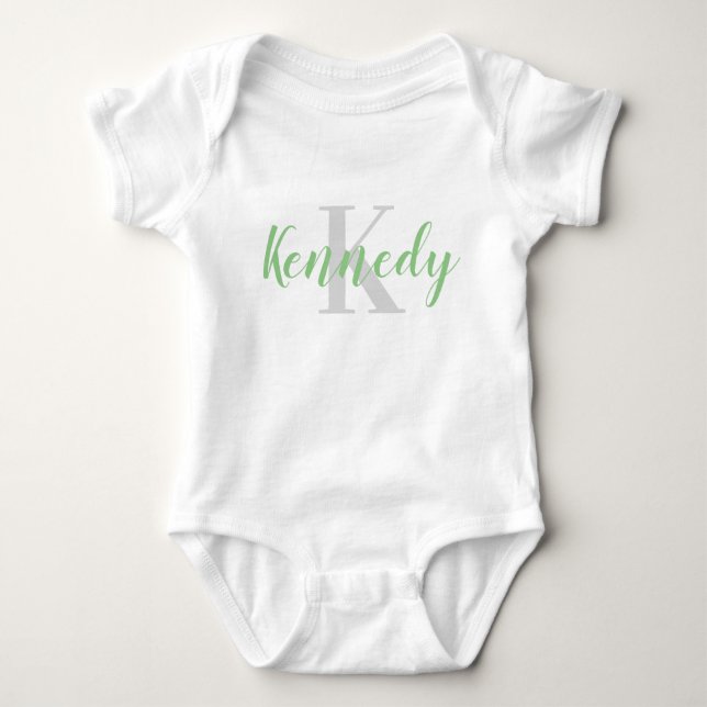 Custom Green Name and Grey Initial Baby T-Shirt Bodysuit (Front)