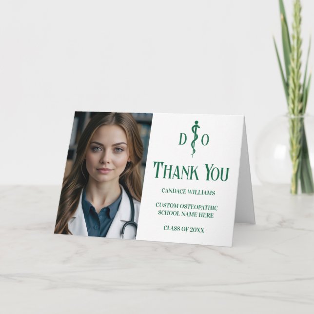 Custom Green Osteopathic Medical Doctor Photo Thank You Card (Front)