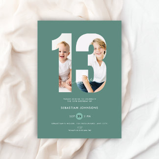 Custom Green Photo Boys Number 13th Birthday Invitation