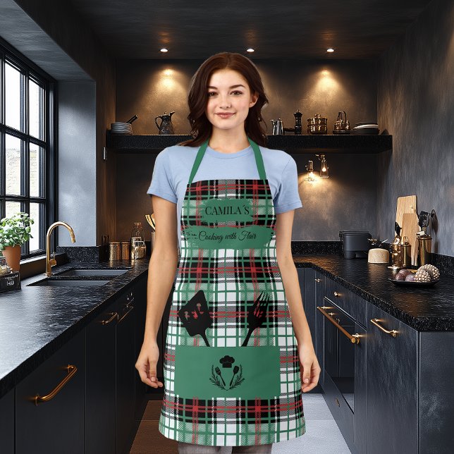 Custom Green Plaid with Cooking Utensils Pocket Apron (Creator Uploaded)
