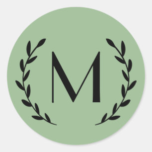 Custom Green Sage Wedding Laurel Letter Classic Round Sticker