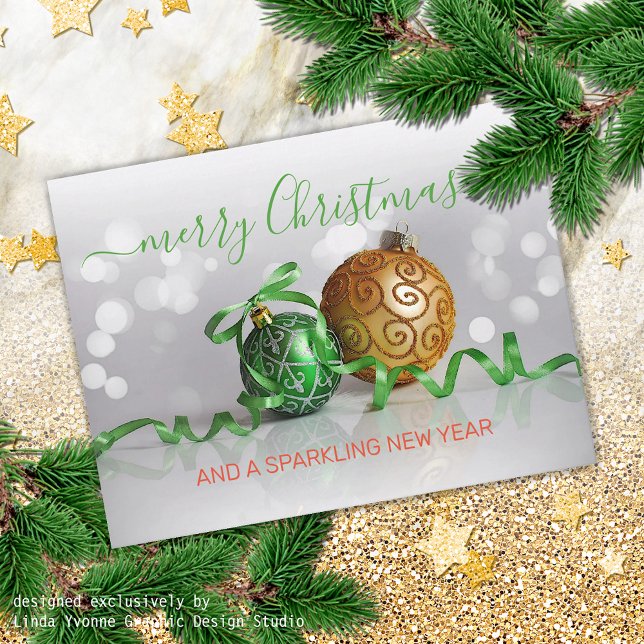 Custom Green Silver Gold Tree Ornaments Holiday Card (Creator Uploaded)