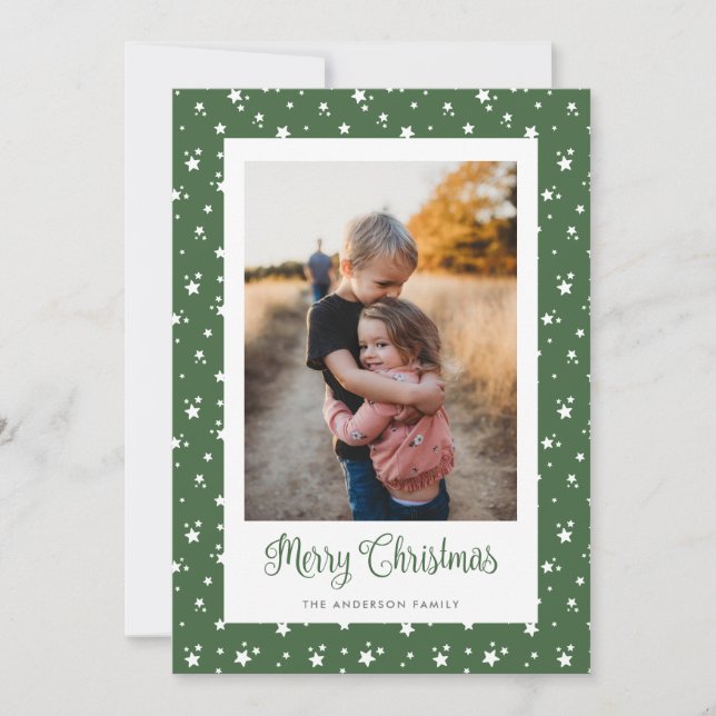 Custom Green Stars Photo Merry Christmas Cards (Front)