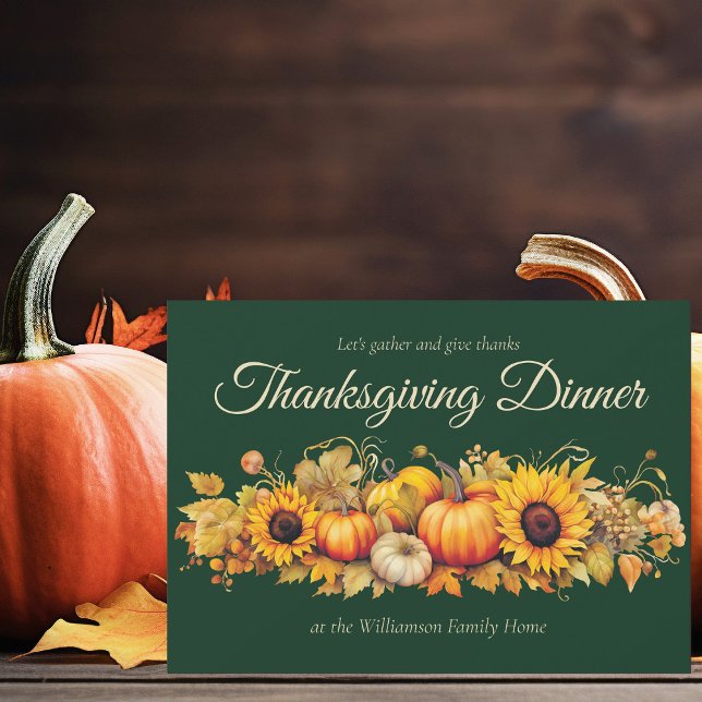 Custom Green Thanksgiving Dinner Party Pumpkins Invitation (Creator Uploaded)