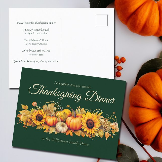 Custom Green Thanksgiving Dinner Party Pumpkins Invitation Postcard (Creator Uploaded)