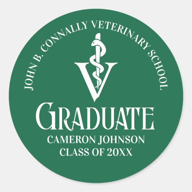 Custom Green Veterinary School Graduation Party Classic Round Sticker (Front)
