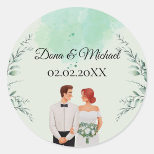 Custom green watercolor flowy wedding classic round sticker