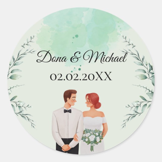 Custom green watercolor flowy wedding classic round sticker (Front)