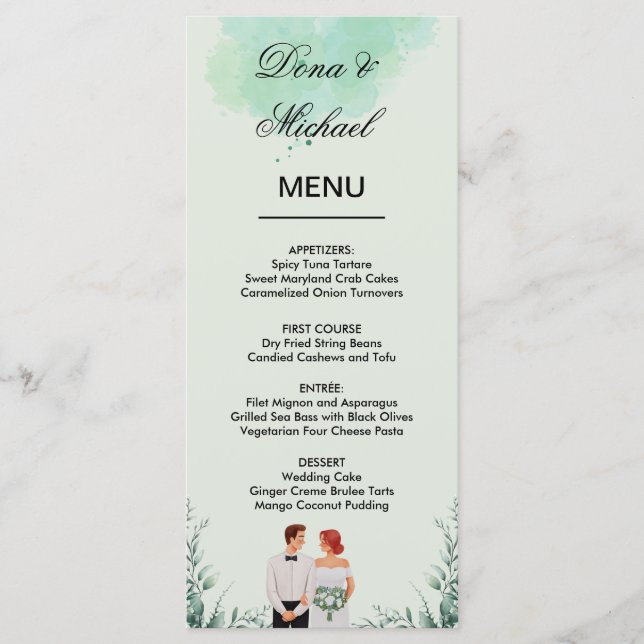 Custom green watercolor flowy wedding menu (Front)