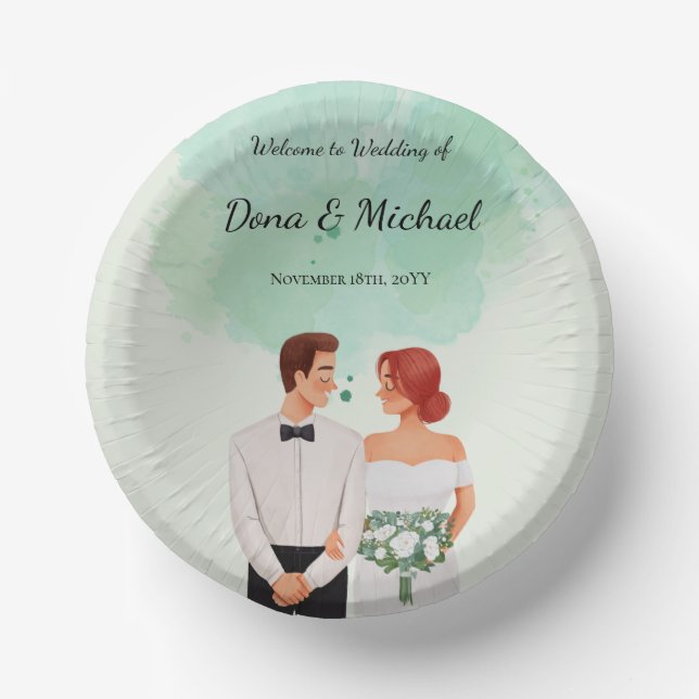 Custom green watercolor flowy wedding paper plate (Front)