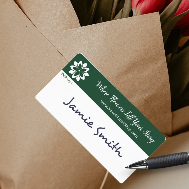🌼Custom Green & White Florist Shop Delivery  (🌼Custom Green & White Florist Shop Delivery Label, Floral Tagline, Handwritten Recipient)