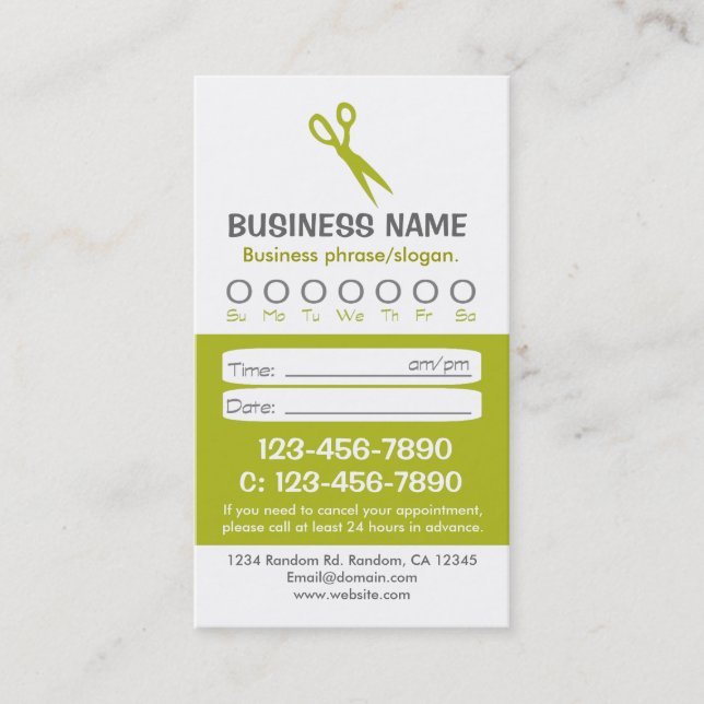 Custom green white hair appointment cards (Front)