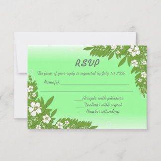 Custom green white hibiscus RSVP wedding cards