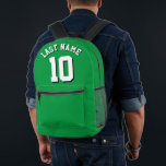 Custom Green White Last Name Sports Jersey Number Printed Backpack<br><div class="desc">Custom-designed sports jersey backpack in vibrant green with striking white lettering and bold black shadow detailing for your last name and chosen number. This personalised backpack is a must-have for sports enthusiasts, adding a touch of individuality to your gear collection. Crafted with durability in mind, it ensures long-lasting performance while...</div>