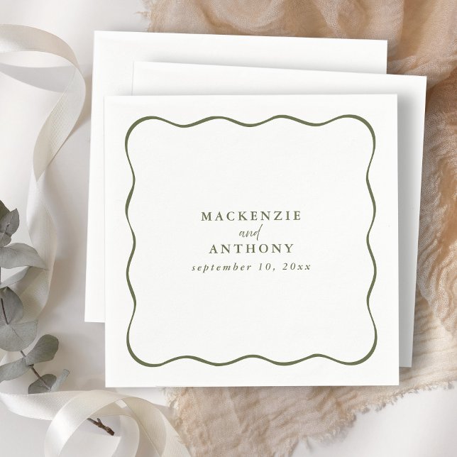 Custom Green & White Wavy Frame Wedding Cocktail   Napkin (Custom Green & White Wavy Frame Wedding Cocktail Napkins)