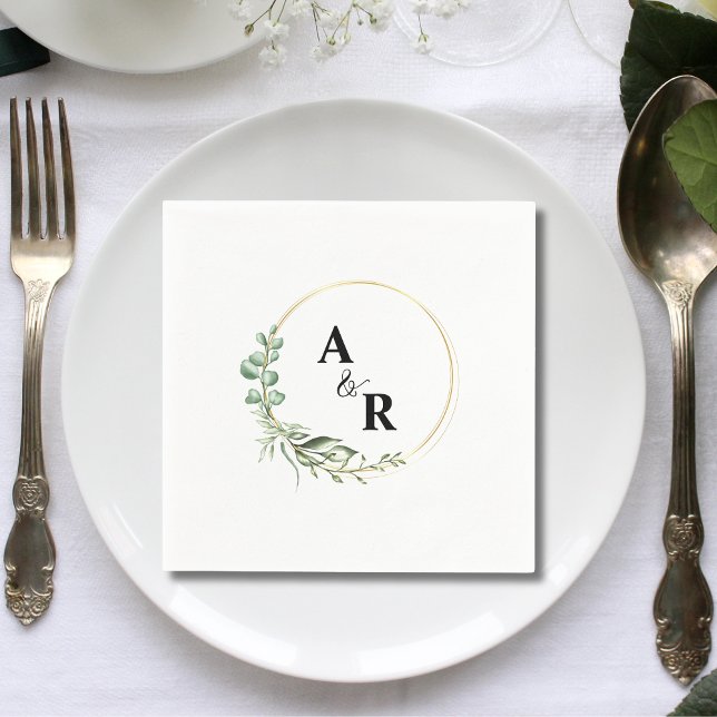 Custom Greenery Couple Initials Wedding Paper  Napkin (Custom greenery couple initials wedding paper napkins add fresh elegant charm to receptions.)