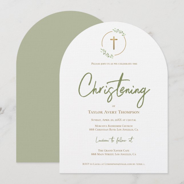 Custom Greenery Wreath Christening Cross Arch Invitation (Front/Back)