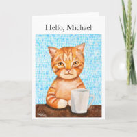 Custom Greeting Funny Orange Tabby Cat with Coffee