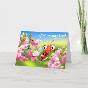 Custom Greetings card Ladybug & friendly flowers