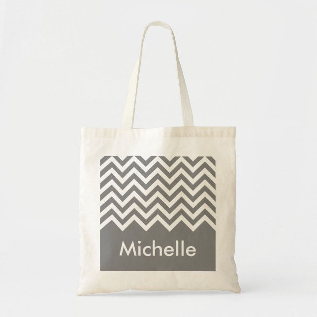 Custom grey and white chevron pattern tote bag (Front)