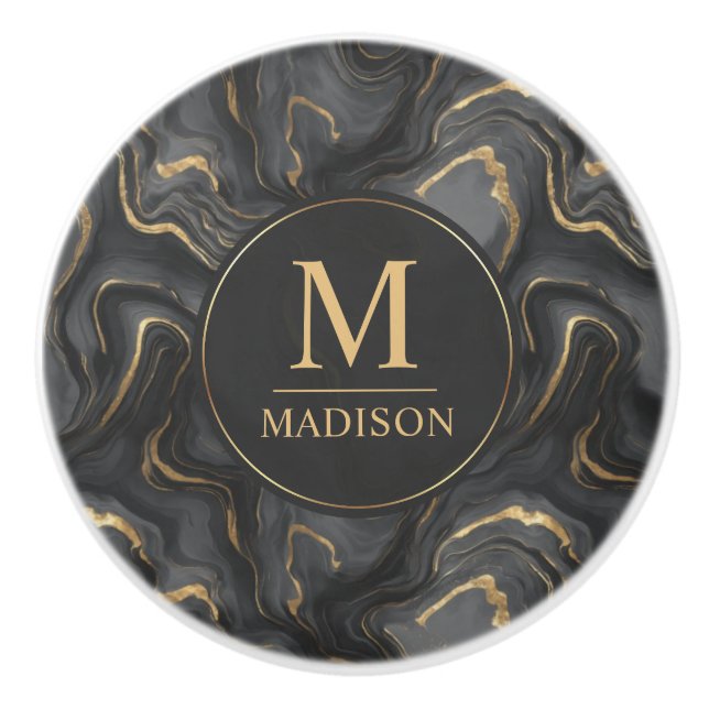 Custom Grey Black and Gold Glitter Marble Pattern  Ceramic Knob (Front)