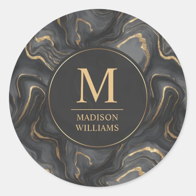 Custom Grey Black and Gold Glitter Marble Pattern  Classic Round Sticker (Front)