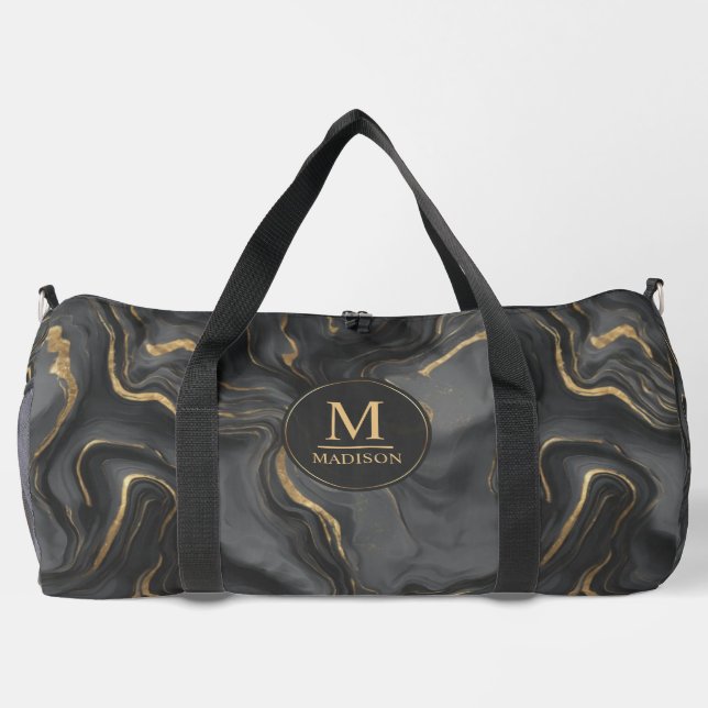 Custom Grey Black and Gold Glitter Marble Pattern  Duffle Bag (Back)