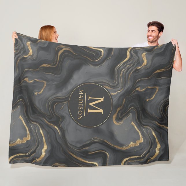 Custom Grey Black and Gold Glitter Marble Pattern  Fleece Blanket (In Situ)