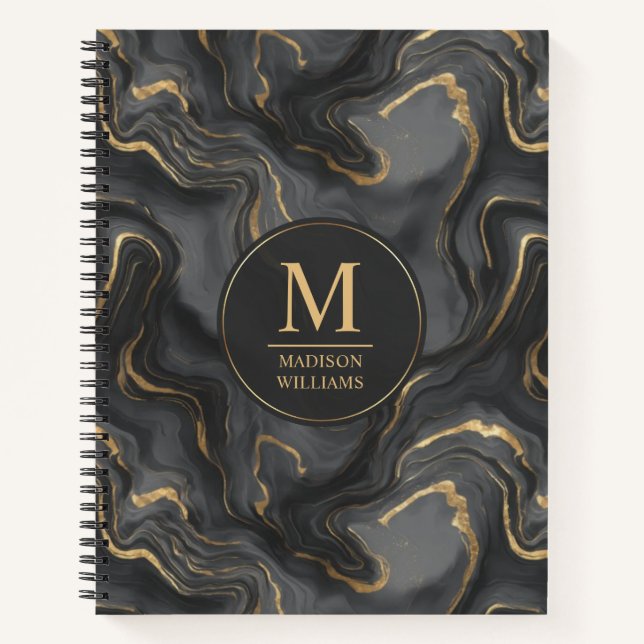 Custom Grey Black and Gold Glitter Marble Pattern  Notebook (Front)