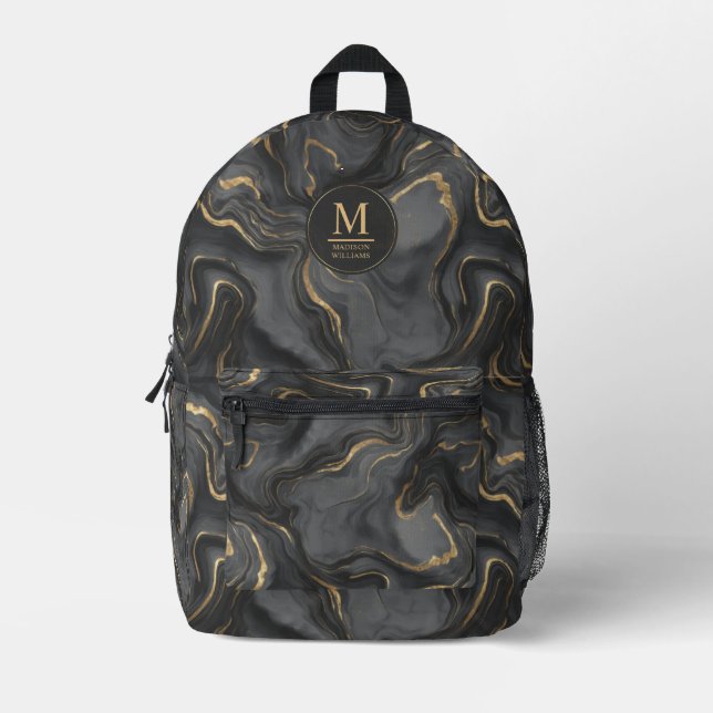 Custom Grey Black and Gold Glitter Marble Pattern  Printed Backpack (Front)