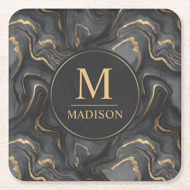 Custom Grey Black and Gold Glitter Marble Pattern  Square Paper Coaster (Front)