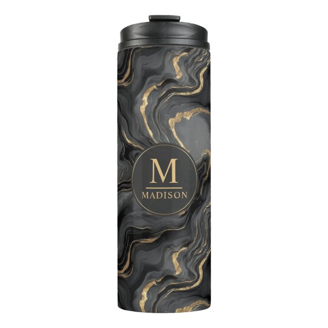 Custom Grey Black and Gold Glitter Marble Pattern Thermal Tumbler (Front)