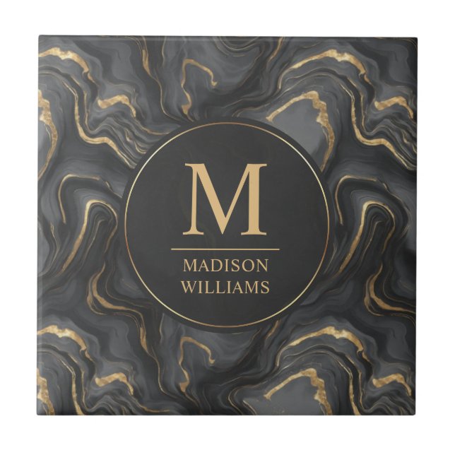 Custom Grey Black and Gold Glitter Marble Pattern  Tile (Front)