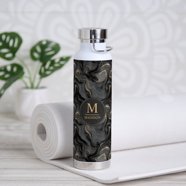 Custom Grey Black and Gold Glitter Marble Pattern Water Bottle (Yoga (Rotated))