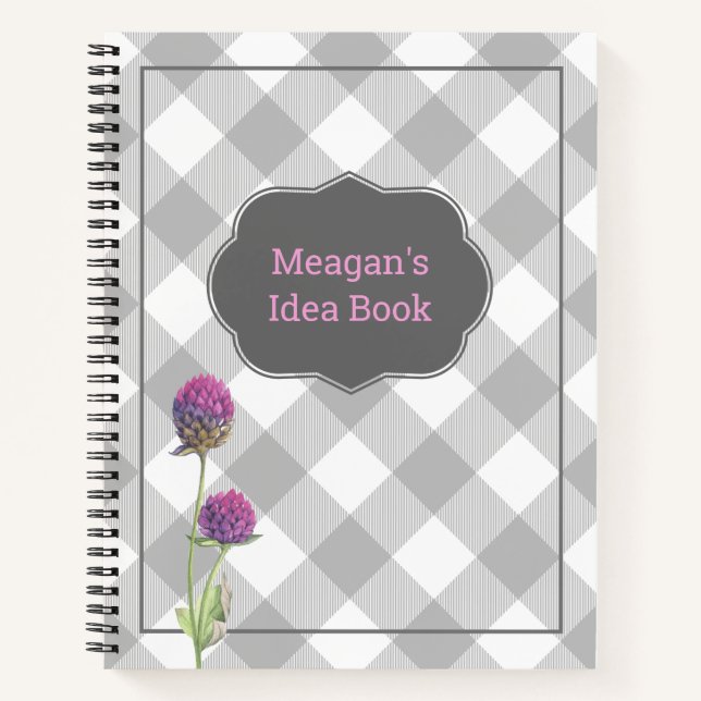 Custom Grey Buffalo Plaid and Flowers Notebook (Front)