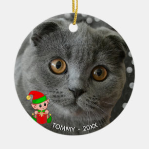 Custom Grey Cat Photo with Cute Elf Ceramic Tree Decoration