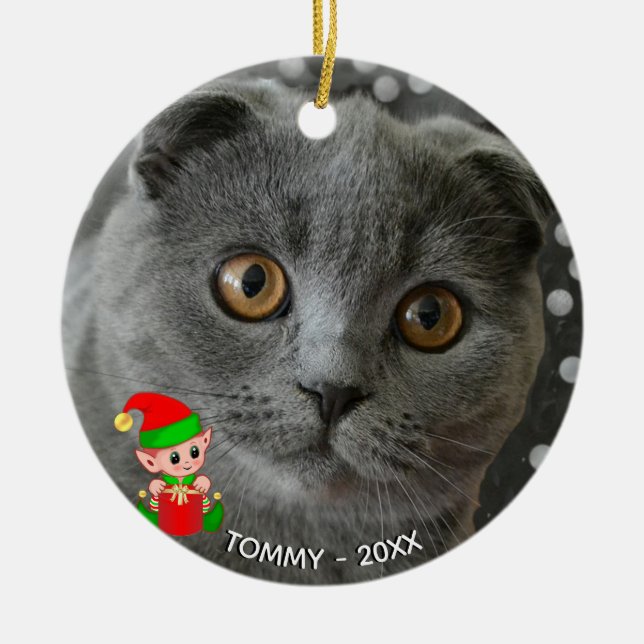Custom Grey Cat Photo with Cute Elf Ceramic Tree Decoration (Front)