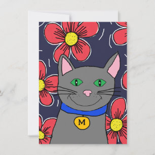 custom grey cat with flowers personalise initial  card