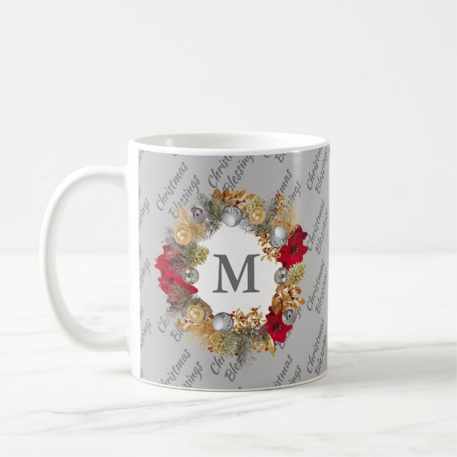 Custom Grey Christmas Wreath Monogram Coffee Mug (Left)