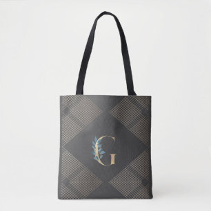 Custom Grey Gold Foil Monogram Botanical Geometric Tote Bag