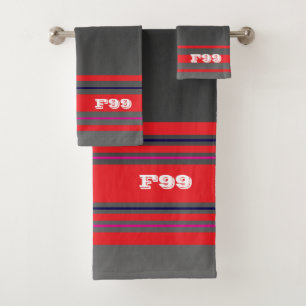 Custom grey gradient Red stripes Sporty style Bath Towel Set