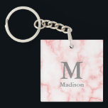 Custom Grey Monogram and Name on Pink Marble Look Key Ring<br><div class="desc">Add your name and monogram in grey text on a faux pink marble background.</div>