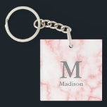 Custom Grey Monogram and Name on Pink Marble Look Key Ring<br><div class="desc">Add your name and monogram in grey text on a faux pink marble background.</div>