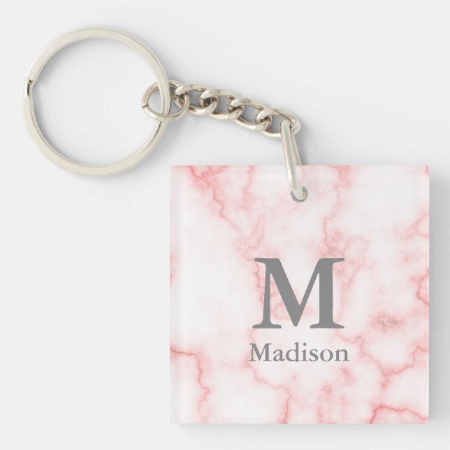 Custom Grey Monogram and Name on Pink Marble Look Key Ring (Front)