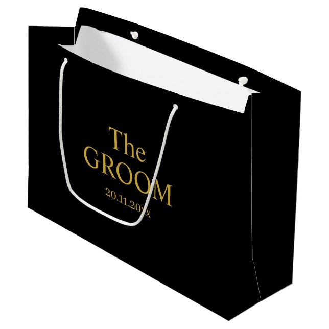 Custom Groom Wedding Simple Classic Black Gold  Large Gift Bag (Front Angled)