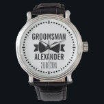 Custom Groomsman Watch<br><div class="desc">Personalised Wedding Gift with Name and Date.Give your groomsman a timeless gift with this custom wristwatch featuring bold typography, a bow tie graphic, and personalised name and wedding date. With its classic black leather band and clean silver casing, this watch is a stylish and sentimental keepsake perfect for thanking your...</div>