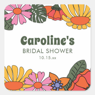 Custom Groovy Pink Orange Floral Bridal Shower  Square Sticker