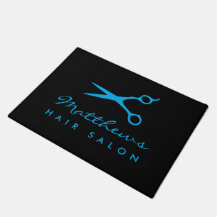 Custom hair salon door mat with blue barber shears