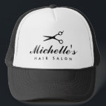 Custom hair salon trucker hat for hair stylist<br><div class="desc">Custom hair salon trucker hat for hair stylist. Elegant script typography template for name. Make your own personalised hat for hairdresser, barber, employee, co worker, friend, shop owner etc. Professional barber scissors logo silhouette. Cute Birthday or Christmas gift idea for personnel. Custom cap colour. Add your own business slogan or...</div>