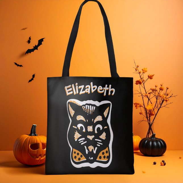 Custom Halloween Cat Dark n Orange Trick or Treat Tote Bag (Custom name, black cat with orange bow tie trick or treat bag for Halloween.)